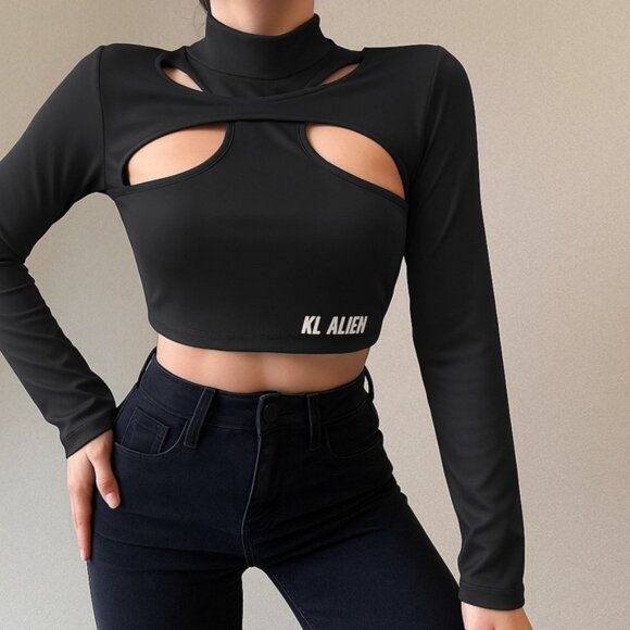 Tops - K-POP Inspired Black Cutout Crop Top – Long Sleeve, High Neck‎ – Size XS